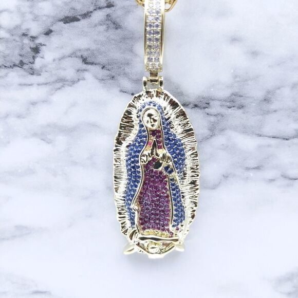 24"Franco Chain + 14K Gold Finish Holy Mary - Picture 12 of 12